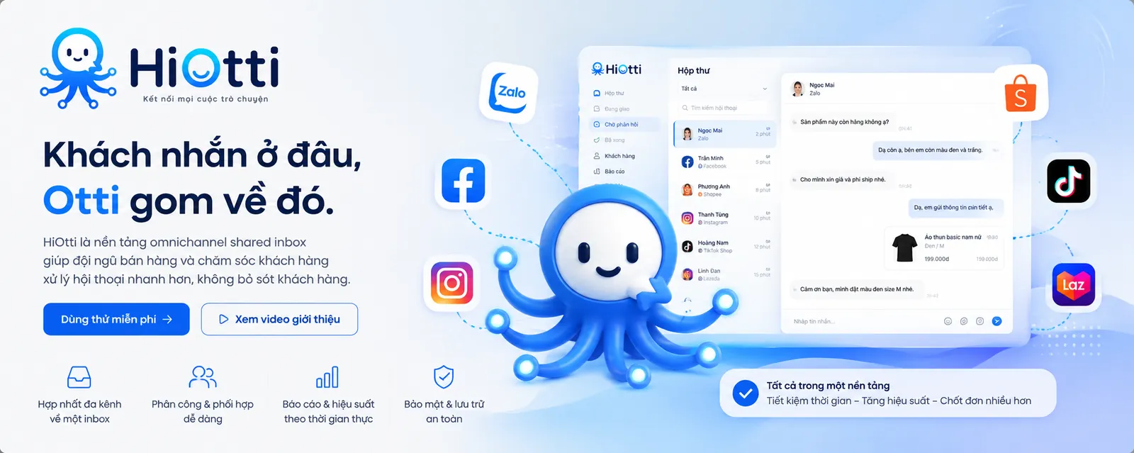 Giao diện hộp thư chung HiOtti với Otti gom tin nhắn từ nhiều kênh
